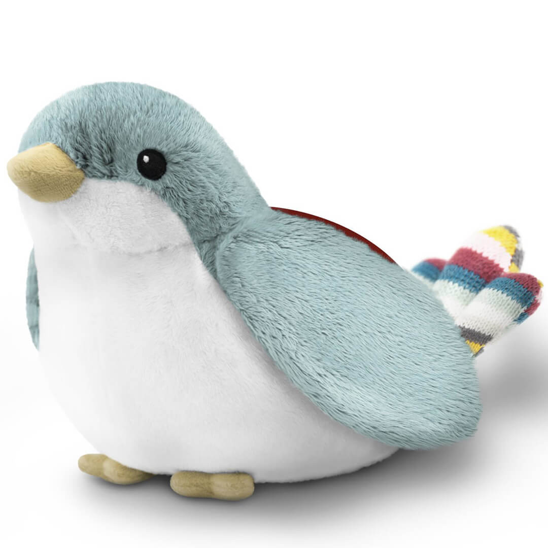 Zazu pluche vogel muziekdoos en lichtprojector met een lichtblauwe rug en gestreepte staart.