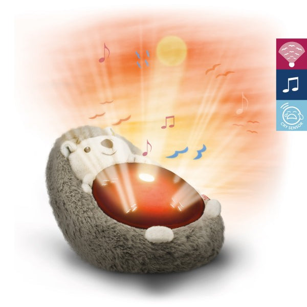 Zazu babyspeelgoed muziekdoos en lichtprojector in de vorm van een egel die een zonsondergang projecteert.