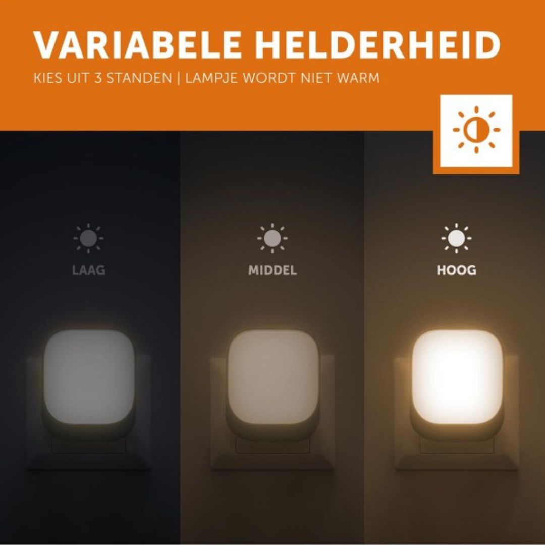 Infographic over de variabele helderheid van het Zazu nachtlampje, met instellingen voor laag, middel en hoog licht.