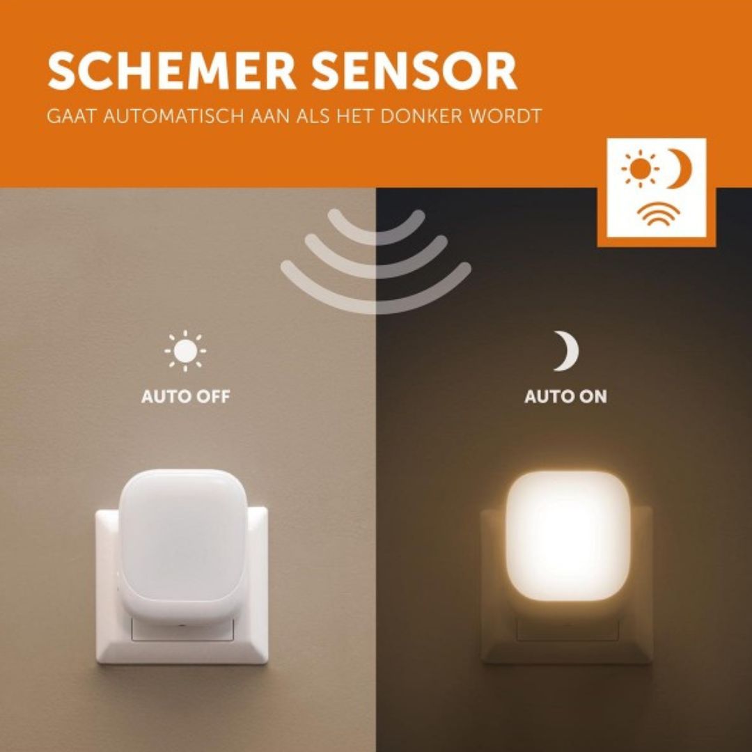 Infographic van het Zazu nachtlampje met schemersensor, die automatisch aan en uit gaat.