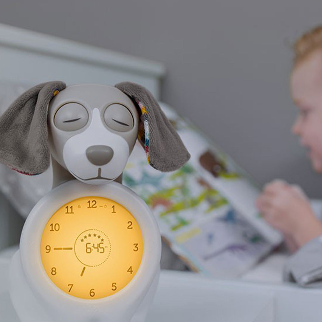 Zazu slaaptrainer hond Davy met gesloten ogen en gele klok, naast een kind in bed.