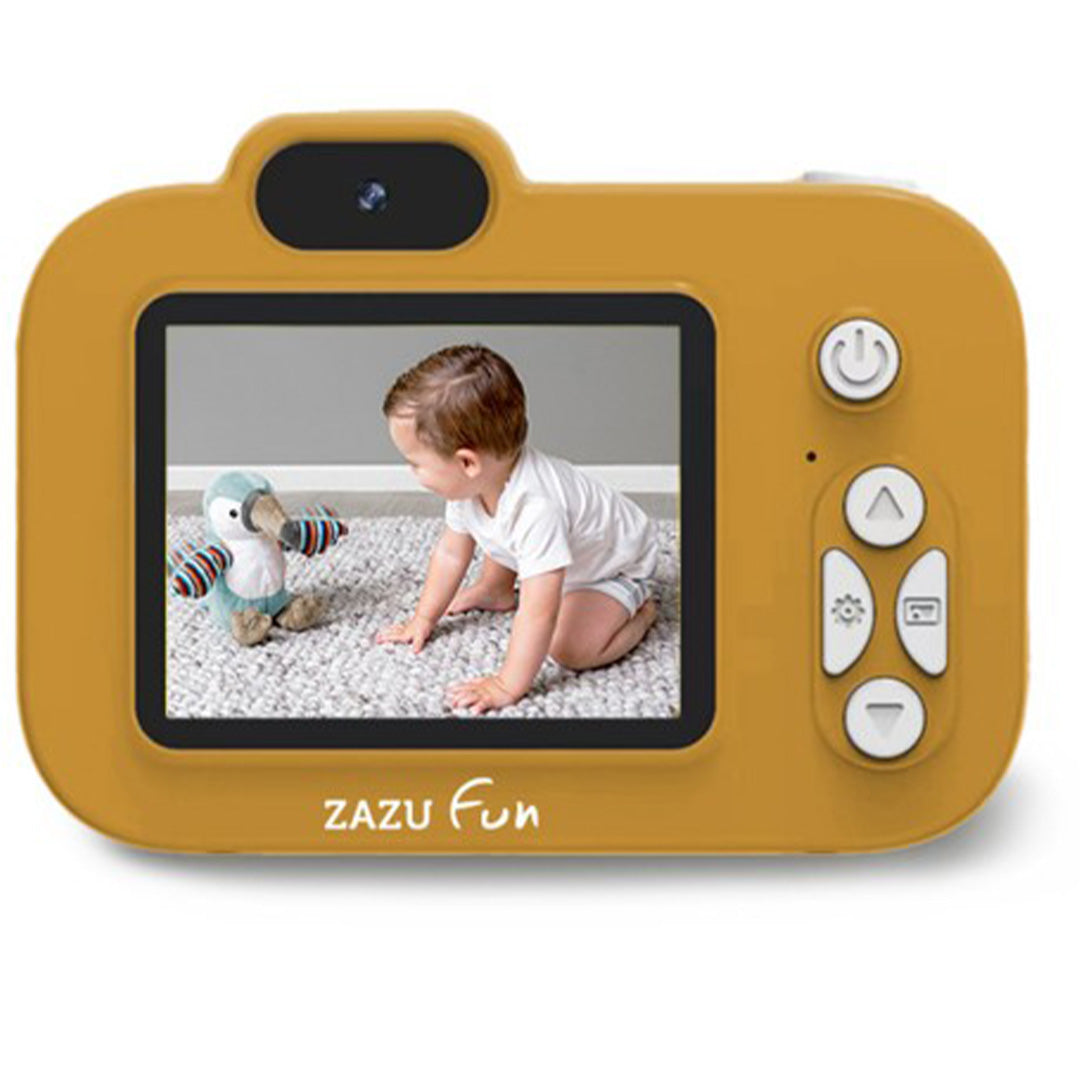 Zazu gele digitale kindercamera, achteraanzicht met een baby op het scherm.