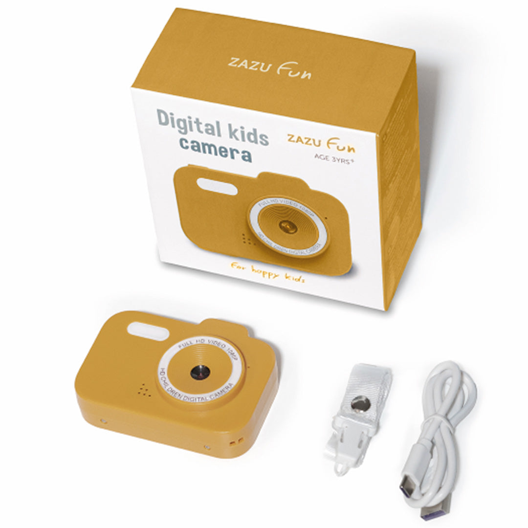 Verpakking van de Zazu gele digitale kindercamera met de camera, een draagband en een USB-kabel.