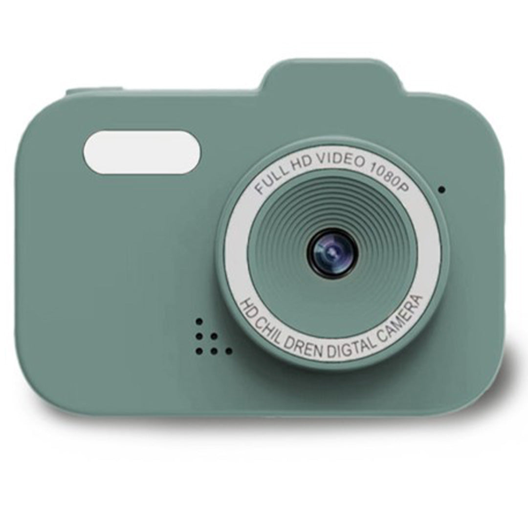Groene digitale kindercamera, vooraanzicht.