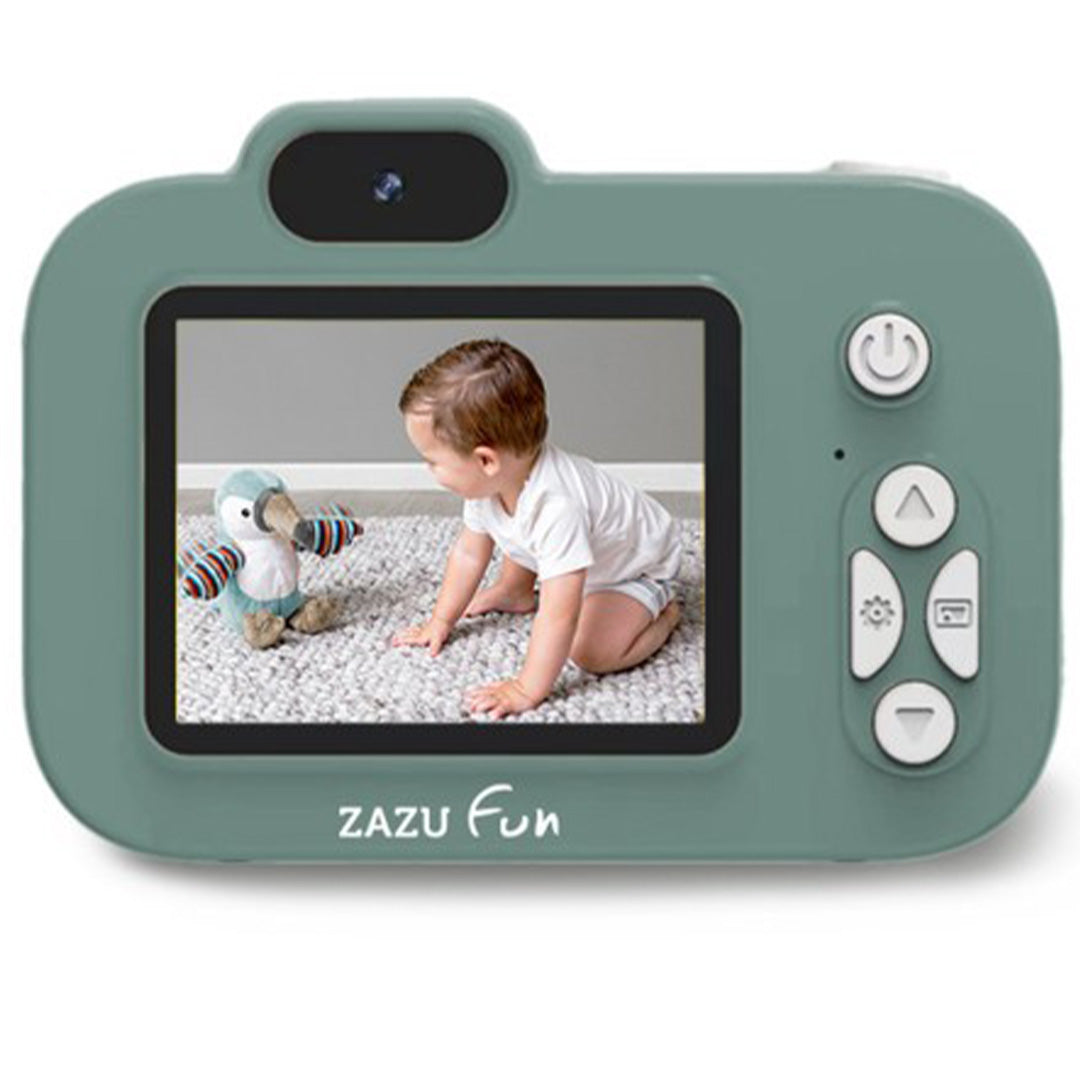 Achterkant van de Zazu groene digitale kindercamera met een baby op het scherm en bedieningsknoppen.