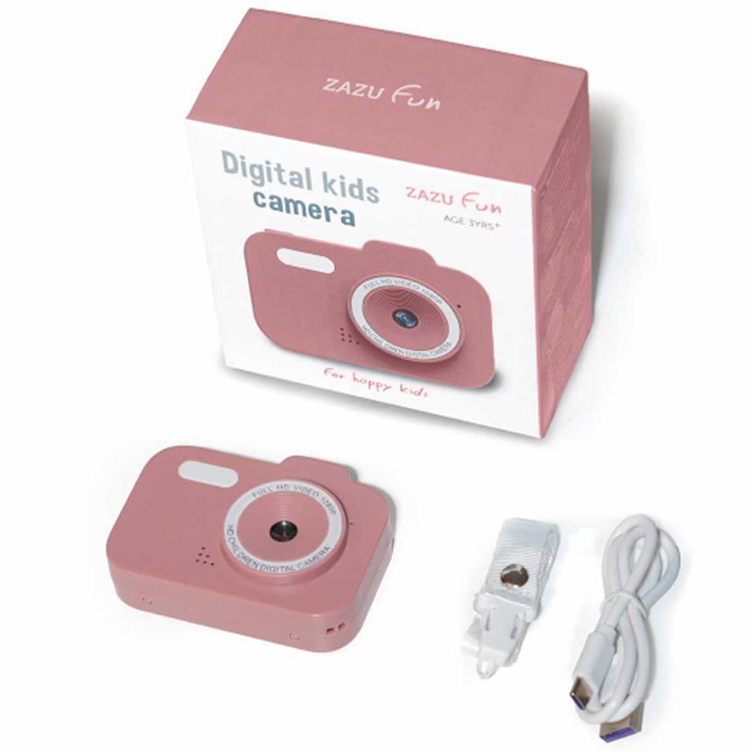 De Zazu roze digitale kindercamera, de verpakking, een oplaadkabel en een draagkoord.