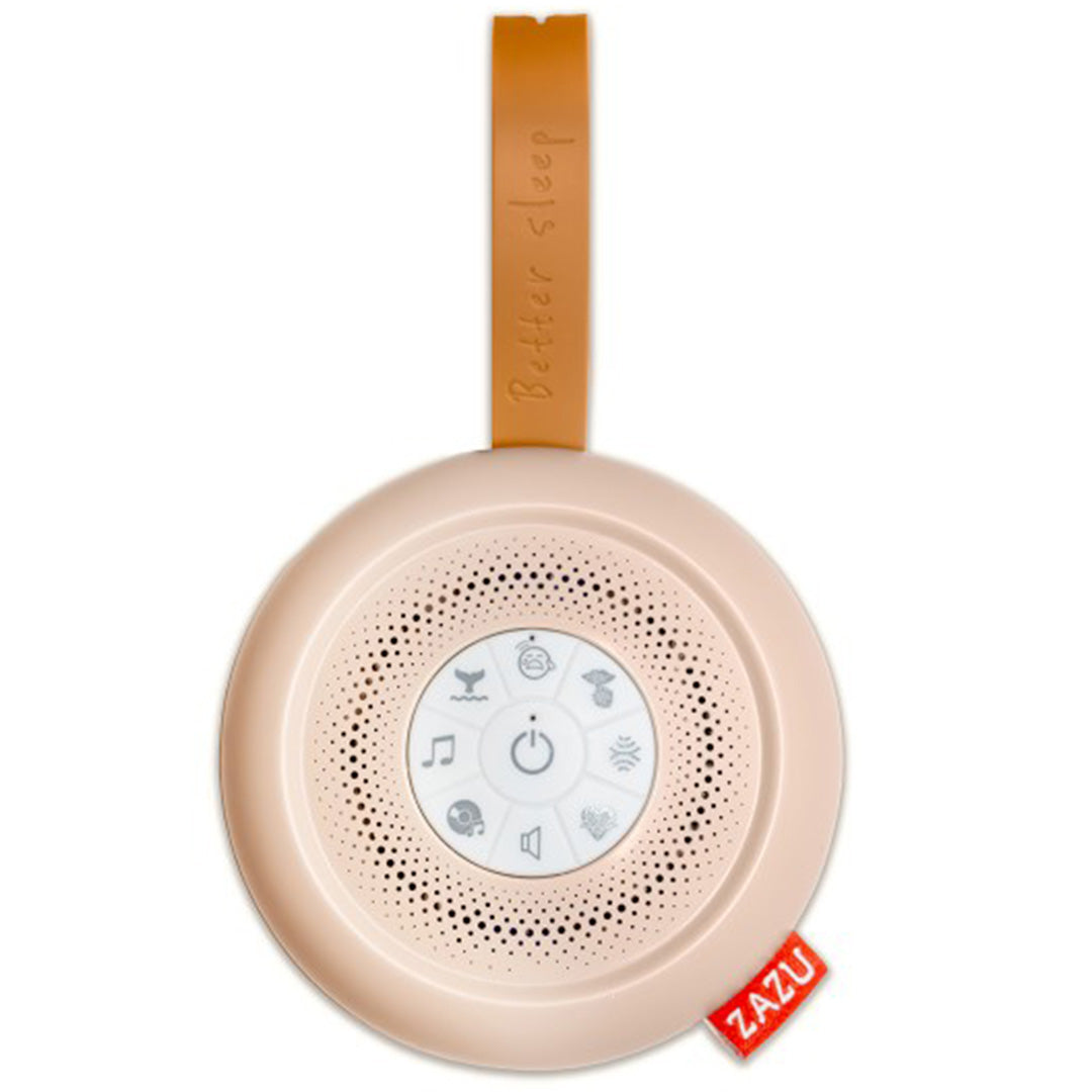 Zazu beige ronde geluidsmachine met bedieningsknoppen en een bruine ophanglus.