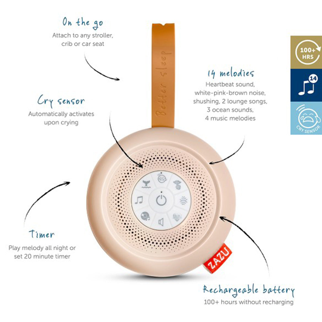 Infographic van de Zazu beige geluidsmachine met uitleg over de functies.
