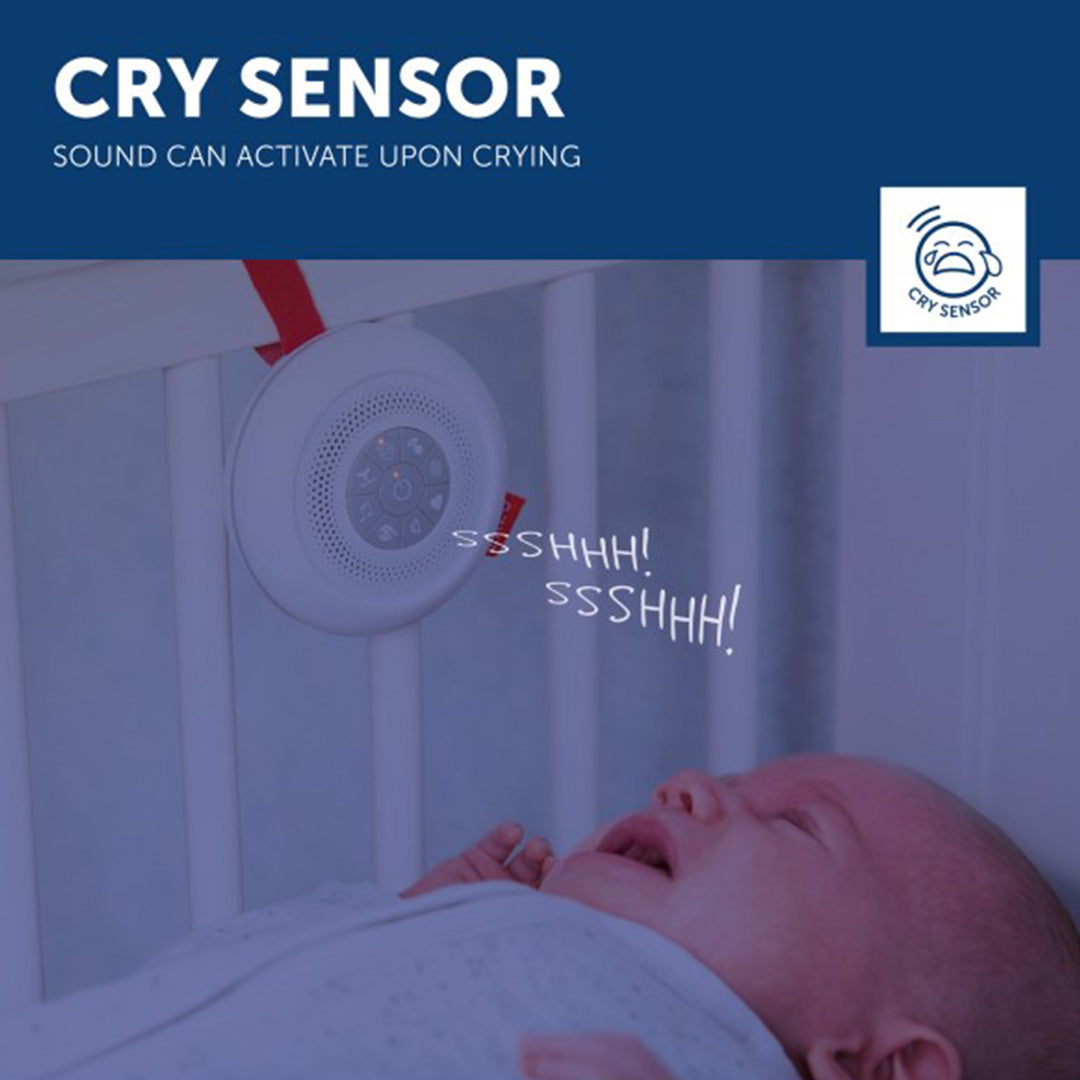 Infographic van het Zazu muziekdoosje Suzy dat aan een wieg hangt, met een huilende baby en de tekst 'CRY SENSOR'.