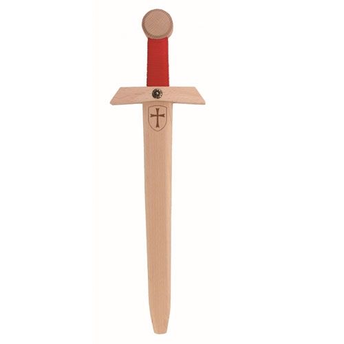 Vah houten tempelridder speelgoedzwaard met rood gevest en kruislogo.