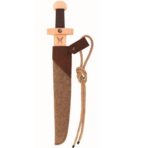 Vah houten Viking speelgoedzwaard met bruin gevest en vilten schede.