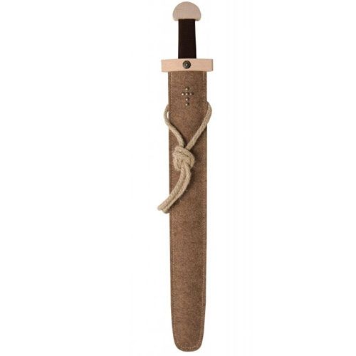 Vah houten viking zwaard met bruin gevest en bruine vilten schede met touw.