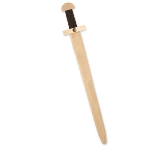 Vah houten viking zwaard met bruin gevest, schuin afgebeeld.