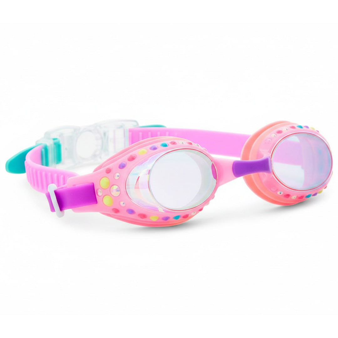 Bling2o kinderzwembril in roze met iriserende glazen en kleurrijke versieringen.